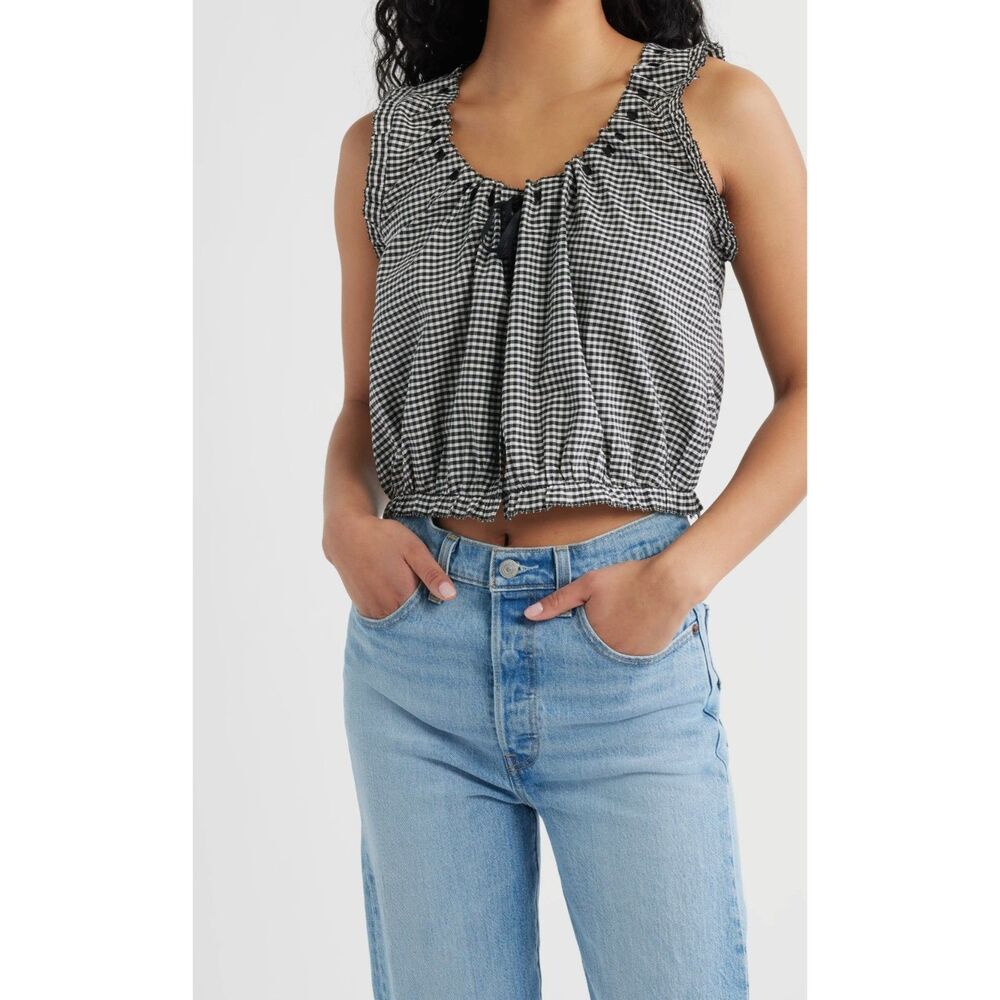 Few Moda Womens Gingham Ruffle Blouse Size 8 Black White NWT